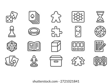 Un conjunto profesional de 20 iconos vectoriales minimalistas para juegos de mesa y de mesa. Estilo lineal monolíneo con esquinas redondeadas en gris oscuro sobre blanco.