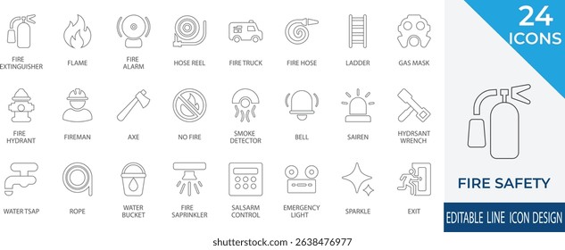 A professional set of 24 editable line icons related to fire safety. Includes symbols like fire extinguisher, flame, fire alarm, fire truck, gas mask, and more.