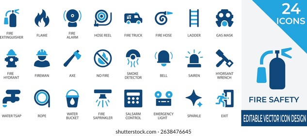 A professional set of 24 solid icons related to fire safety. Includes symbols like fire extinguisher, flame, fire alarm, fire truck, gas mask, and more.