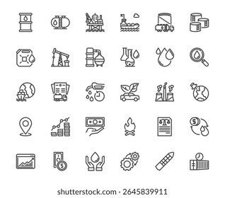A professional set of 30 line-style icons representing key elements of the oil, energy, and logistics industries. Includes icons of oil barrels, oil logistic and world energy concept editable stroke