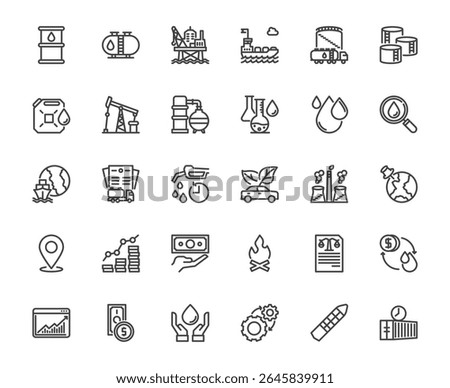 A professional set of 30 line-style icons representing key elements of the oil, energy, and logistics industries. Includes icons of oil barrels, oil logistic and world energy concept editable stroke