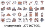 A professional set of 32 mining and coal industry icons, designed in a clean Line Art style with an Editable Stroke aesthetic. The icons use a dual-color palette of navy blue and soft orange or terracotta on a plain white background. Symbols include miners with pickaxes, coal carts, tunnel entrances, dynamite, heavy machinery, gold bars, and gemstones. The design is minimalist, geometric, and flat, featuring consistent line weights and balanced compositions suitable for a professional vector stock collection.