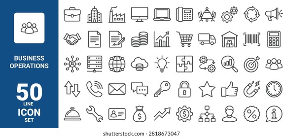 A professional set of 50 line icons covering business operations, corporate management, finance, communication, and office tasks for modern business projects.