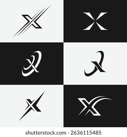 A professional set of 6 letter X monogram logos featuring clean, modern shapes.