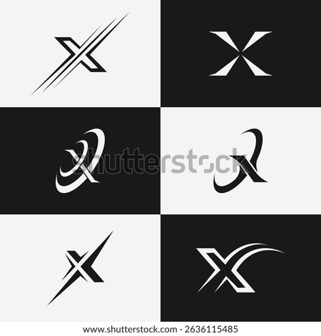 A professional set of 6 letter X monogram logos featuring clean, modern shapes.