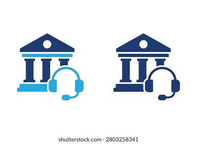 A professional set of bank building icons paired with headsets representing financial customer service call centers and online banking assistance
