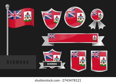 Professional set of Bermuda flag emblems. Includes shields, badges, ribbons, and icons in red, white, and blue with the coat of arms and lion. Perfect for patriotic and territory designs.