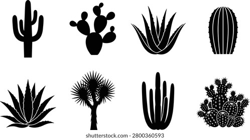 A professional set of black cactus and succulent silhouettes featuring different desert plant species. These vector shapes are ideal for Southwestern-themed branding, gardening illustrations, and nature-inspired graphic designs.
