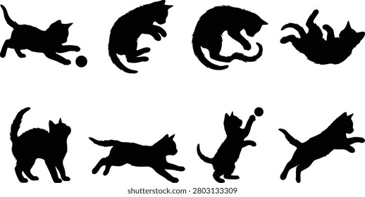 A professional set of black cat silhouettes showcasing feline activities like playing, running, and jumping. These vector icons are perfect for pet-related branding, veterinary clinics, and animal rescue graphics.
