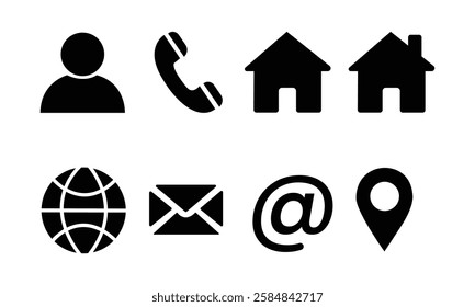 A professional set of black contact icons, including phone, email, location, website, home, and profile symbols. Ideal for business cards, websites, social media, and UI UX 