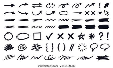 Professional set of black hand drawn doodle elements featuring arrows circles stars exclamation points and speech bubbles. These versatile design assets are ideal for annotating documents bullet journaling note taking and adding emphasis to any creative project or page.