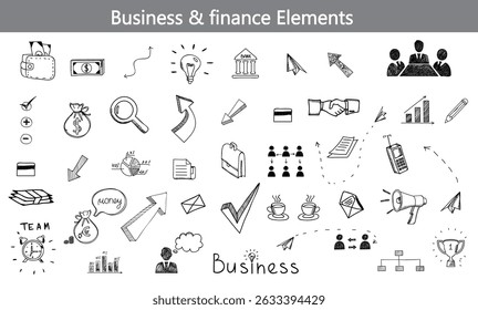 Um conjunto profissional de ilustrações de vetor de arte de linha preta mostrando uma ampla gama de elementos de negócios e financeiros. Este pacote inclui elementos gráficos conceituais, como crescimento da empresa, planejamento financeiro, etc.