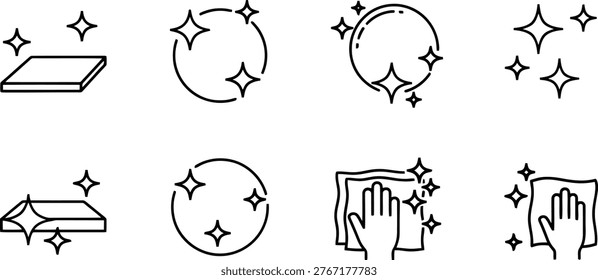 A professional set of black line icons depicting cleanliness sanitation hygiene and sparkling surfaces suitable for commercial design projects related to household maintenance and cleaning services.