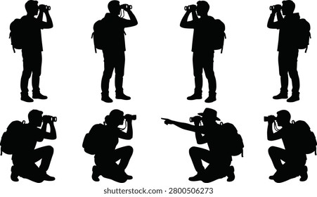A professional set of black silhouettes featuring travelers and explorers in various standing and kneeling poses using binoculars. Ideal for travel, adventure, birdwatching, and outdoor recreation design projects.

