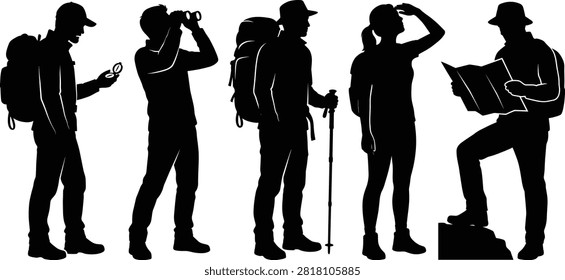 A professional set of black silhouettes featuring outdoor hikers and travelers using a map, compass, trekking pole, and binoculars. Ideal for adventure, eco-tourism, outdoor activities, mountain trekking, and travel-themed graphic design projects.
