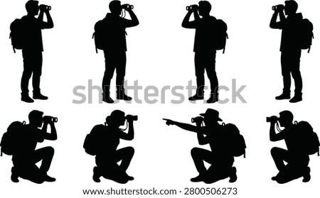 A professional set of black silhouettes featuring travelers and explorers in various standing and kneeling poses using binoculars. Ideal for travel, adventure, birdwatching, and outdoor recreation design projects.

