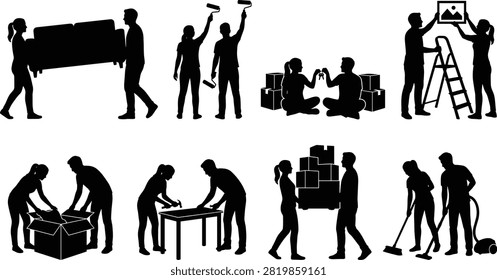A professional set of black vector silhouettes featuring a man and a woman moving into a new home, carrying a sofa, painting walls, assembling furniture, and hanging pictures. Ideal for relocation services, real estate agencies, interior design blogs, and property improvement businesses.