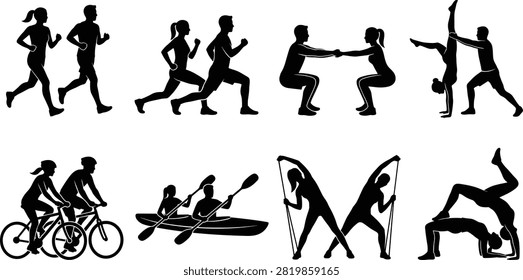 A professional set of black vector silhouettes featuring a man and a woman participating in joint workouts, jogging, cycling, kayaking, performing partner squats, and practicing gymnastics. Perfect for gyms, fitness app designs, wellness blogs, and athletic apparel promotions.