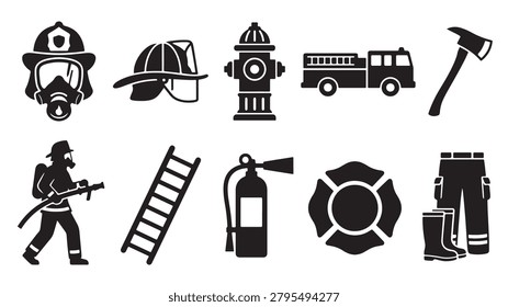 Professional set of black and white firefighter vector icons featuring essential emergency equipment like helmets oxygen masks trucks hydrants axes ladders extinguishers and protective clothing gear for public service safety training manuals or educational graphic design projects created with clean bold lines on a plain background