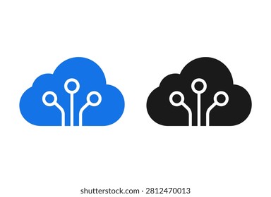 A professional set of blue and black cloud icons featuring integrated circuit patterns to symbolize modern technology infrastructure and global data hosting services