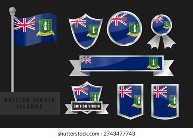 Professional set of British Virgin Islands flag emblems. Includes shields, badges, ribbons, and icons with the Saint Ursula crest. Perfect for patriotic and Caribbean designs.