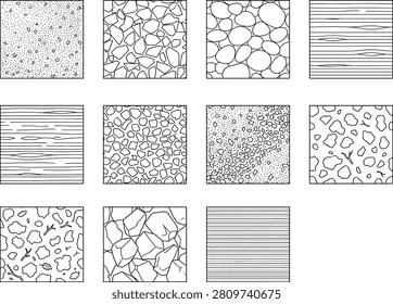 A professional set of CAD hatching textures for architectural and landscape design featuring stone, wood, sand, and concrete patterns. Ideal for material legends in blueprints, site plans, and interior design elevations to provide technical clarity.