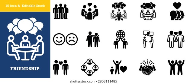 Professional set of communication icons showing people sitting at tables with speech bubbles. Illustrates collaboration group dialogue and interpersonal connection for office use.