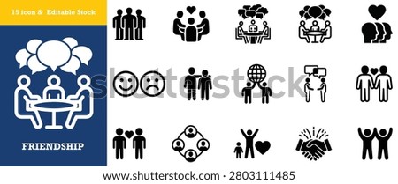 Professional set of communication icons showing people sitting at tables with speech bubbles. Illustrates collaboration group dialogue and interpersonal connection for office use.