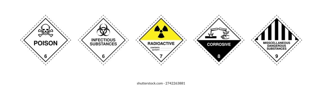 Professional set of dangerous goods hazard labels including Poison, Infectious Substances, Radioactive, Corrosive, and Miscellaneous Dangerous Substances. Ideal for transport, storage, laboratory, and regulatory compliance.