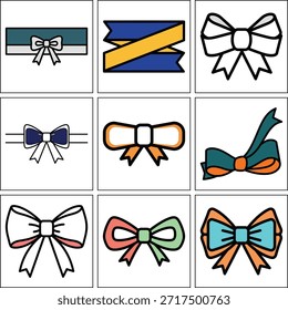 Conjunto de Profesional de cintas decorativas y arcos de regalo en capas en un estilo de arte de línea plana. Con diseños de doble tono, Anuncios a rayas y nudos elegantes adecuados para empaques de primera calidad, insignias de recompensa y gráficos de celebración festiva
