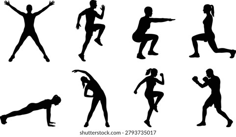 A professional set of eight black silhouettes depicting men and women performing various fitness exercises and sports training. These versatile vector elements are ideal for gym promotions, health apps, and motivational wellness posters.
