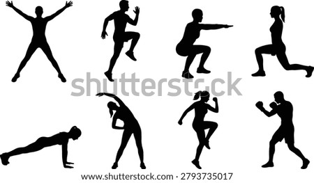 A professional set of eight black silhouettes depicting men and women performing various fitness exercises and sports training. These versatile vector elements are ideal for gym promotions, health apps, and motivational wellness posters.
