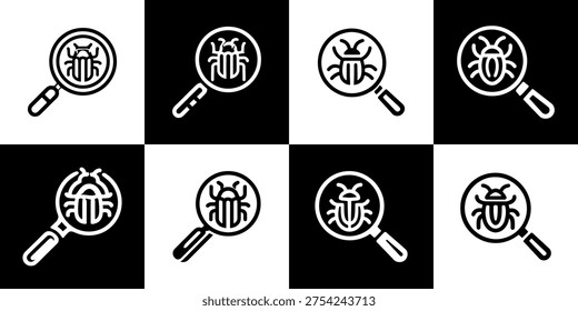 Professional set of eight bug search icons featuring magnifying glasses and insects for software testing and nature research.
