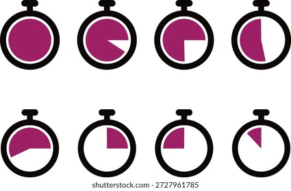 Un conjunto profesional de ocho iconos de cronómetro que ilustran varias etapas de progresión del tiempo, tiempo transcurrido o intervalos de cuenta regresiva. Con un diseño limpio y plano con un relleno púrpura vibrante y contornos negros llamativos, estos iconos representan diferentes incrementos de tiempo que van desde 100% lleno hasta casi vacío. Este gráfico de estilo Vector es ideal para aplicaciones de gestión de tiempo, seguimiento de plazos de proyectos, infografías de productividad y visualizaciones de estado de carga de Sitios web.