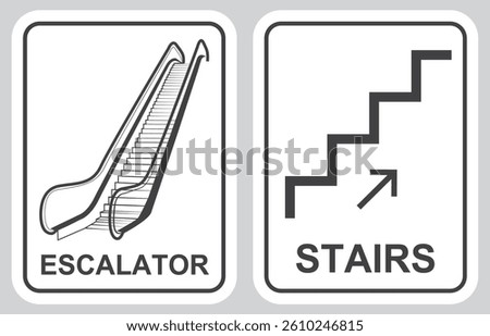 A professional set of escalator and stairs sign icons, perfect for use in public spaces, shopping malls, airports, train stations, and commercial buildings.
