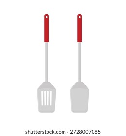 A professional set of essential steel and plastic kitchen utensils including a fork, spoon, and spatula isolated on a white background for domestic cooking and food preparation