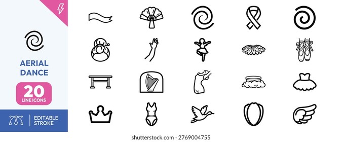 Professional set featuring twenty minimalist outline icons for aerial dance performers and classical ballet enthusiasts