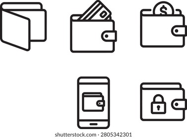 A professional set of five minimalist thin-line icons representing traditional and digital wallet payment concepts. This clean vector outline collection features: a classic open bifold pocketbook, a leather wallet with a credit card, a wallet holding a savings dollar coin, a smartphone showing a digital mobile app on its screen, and a secured wallet protected by a padlock. Designed in a modern, simple flat style on a solid white background, this high-quality icon pack is ideal for personal finance trackers, e-commerce platforms, payment gateways, mobile banking applications, and UI UX design.
#WalletIcons #DigitalWallet #MobilePayment #SecureWallet #PersonalFinance #CreditCardWallet #FintechGraphics #WebUIDesign #OutlineVector #FlatDesignIcons