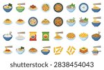 A professional set of flat design icons depicting various global noodle and pasta dishes including Japanese ramen, Italian spaghetti, Vietnamese pho, and macaroni. The collection features vibrant colors and detailed food elements on a white background.