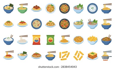 A professional set of flat design icons depicting various global noodle and pasta dishes including Japanese ramen, Italian spaghetti, Vietnamese pho, and macaroni. The collection features vibrant colors and detailed food elements on a white background.