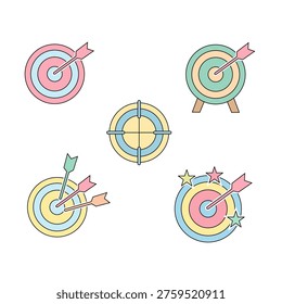 A professional set of flat vector target icons with arrows and stars in a soft pastel color palette. This collection represents hitting the bullseye, accuracy, and business milestones. It is perfect for corporate presentations, marketing strategy infographics, educational goal-tracking apps, and startup success storytelling.