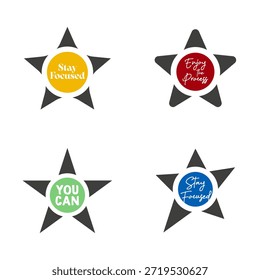 Un conjunto profesional de cuatro estrellas grises oscuras de cinco puntas, cada una con un centro circular colorido con citas motivadoras inspiradoras como "Mantente enfocado", "Disfruta del proceso" y "PUEDES". Estos iconos vectoriales creativos son perfectos para publicaciones en redes sociales, carteles del espacio de trabajo y desarrollo personal.