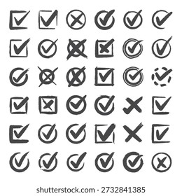 Professional set of hand drawn verification symbols and failure icons for business documents, textured brush tick marks in squares and circular frames for selection and evaluation purposes