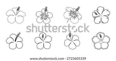 Professional set of hibiscus flower line art with editable strokes. Great for minimalist botanical illustrations, coloring pages, and elegant floral branding.
