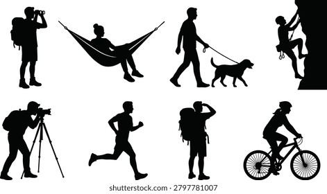 A professional set of human silhouettes engaged in various recreational activities like trekking, rock climbing, and nature photography. Perfect for travel brochures, fitness infographics, and websites promoting outdoor adventure and wellness.
