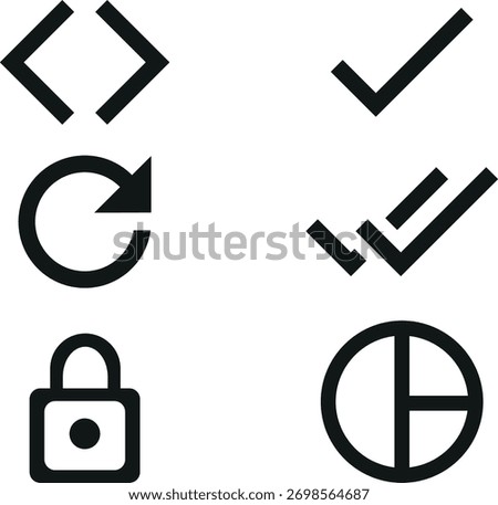 Professional set of interface icons: code brackets, checkmarks, secure lock, pie chart, bar graph, chart, and adjustable filter, settings lines. Great for business and tech.