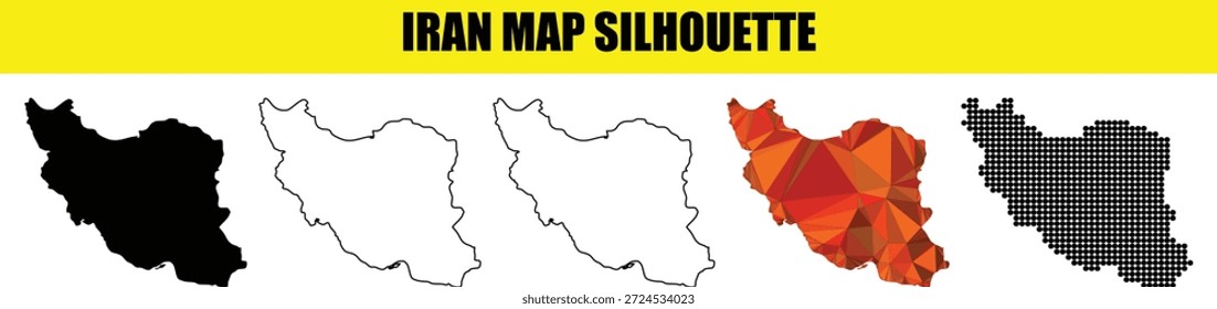 Professional set of Iranian border shapes including minimalist vector outlines along with geometric polygon art and digital pointilism maps for middle eastern geography design projects