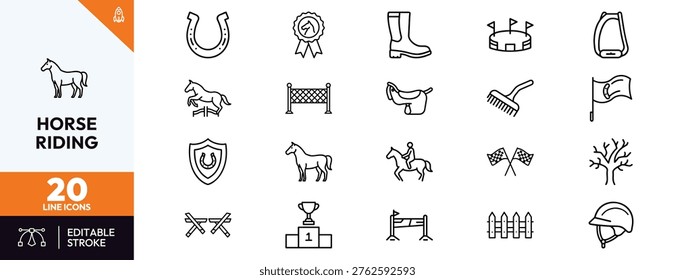 Professional set of linear icons for equestrian sports and horse riding activities featuring elements like jumping hurdles racing flags protective gear and competition awards for hobbyists