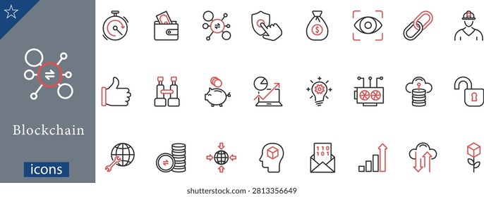 A professional set of linear outline vector symbols showcasing decentralized ledger systems, cryptocurrency mining, and modern fintech security. This clean graphic collection utilizes a minimalist color scheme consisting of dark gray, white, and red-orange accents. Included designs depict a swift transaction stopwatch, digital cash wallet, node network, touch-sensitive protection shield, dollar fund pouch, biometric iris scanner, and a metallic link. Additional elements showcase a hardhat miner portrait, positive endorsement gesture, dual binoculars, savings piggybank, analytics laptop, innovative gear lightbulb, computing hardware rig, secure hosting database, and unlocked padlock. The bottom row displays global maintenance tools, token stack exchange, network synchronization, intellectual processing, binary envelope code, ascending progress charts, and cloud storage systems. Ideal for fintech landing layouts, web development platforms, crypto wallet applications, and tech presentation slides.