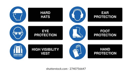 Professional set of mandatory PPE safety icons including hard hats, eye protection, ear protection, foot protection, hand protection, and high visibility vest. Ideal for construction sites, factories, warehouses, and industrial safety signage or training materials.